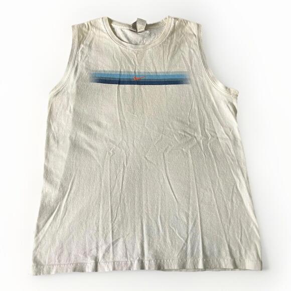 Nike Men’s Sleeveless Tank Top Size L White Blue Stripe Swoosh Athletic Shirt - Picture 1 of 6